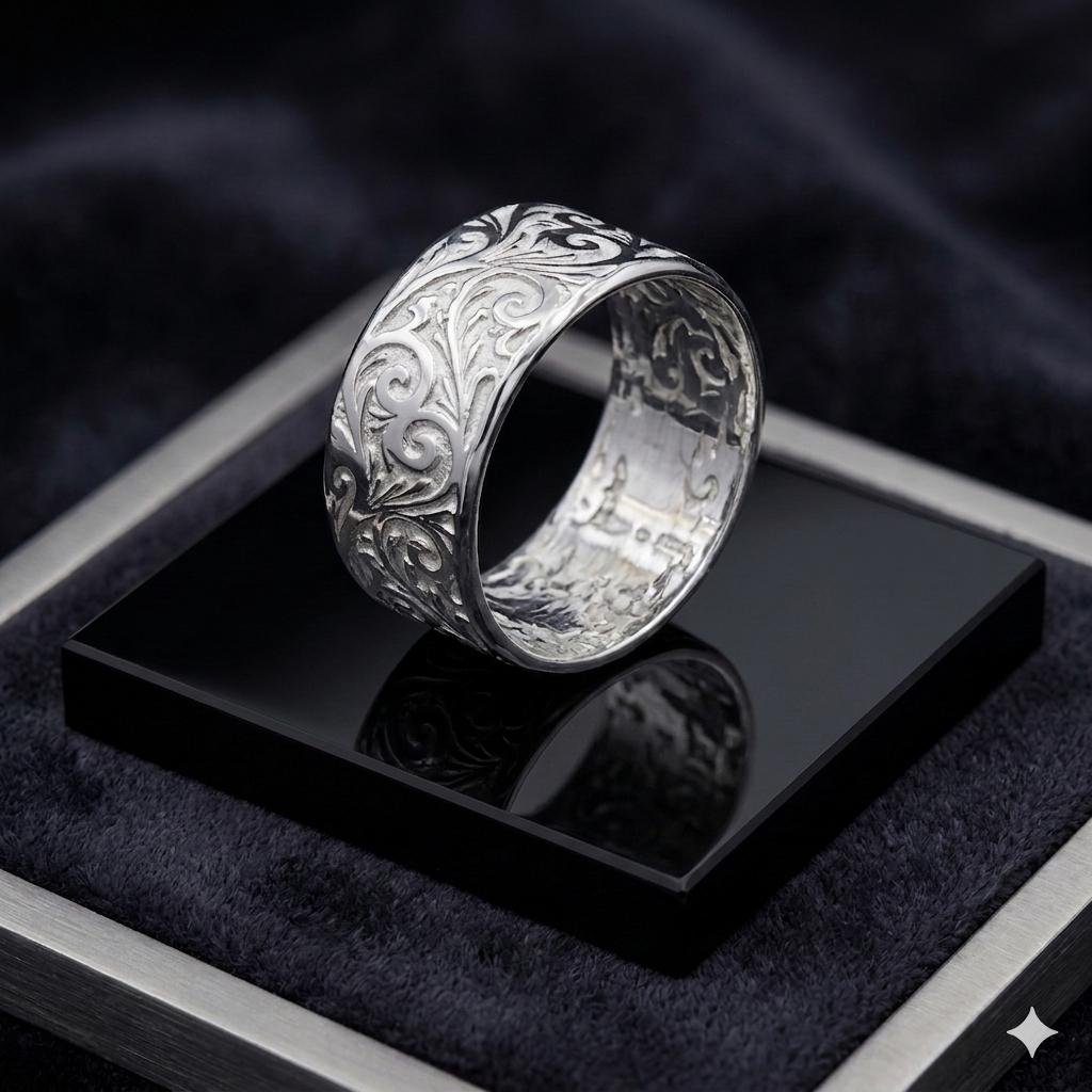 Anillo Macizo En Plata 950 Estilo Barroco Con Relieves Artísticos