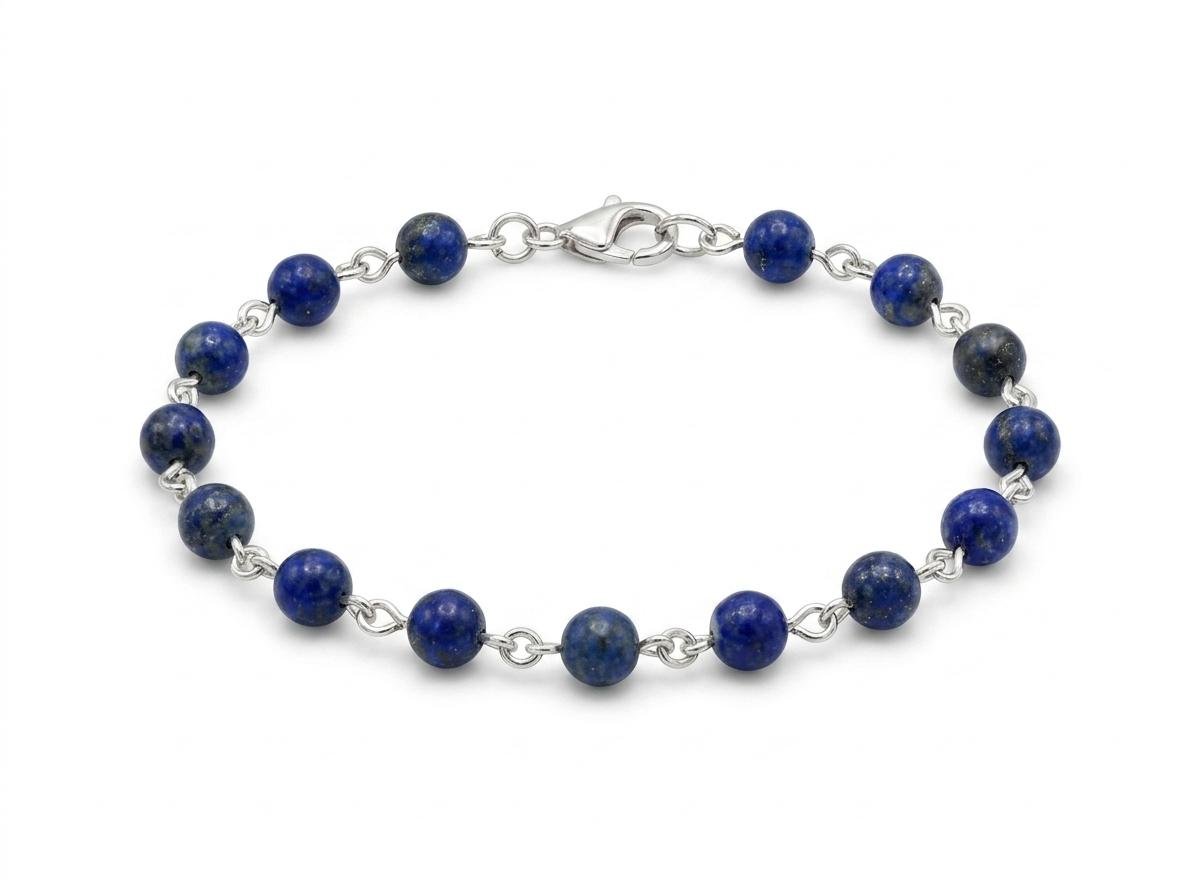 Pulsera De Lapislázuli Natural En Esferas De 4Mm Y Plata Ley 950