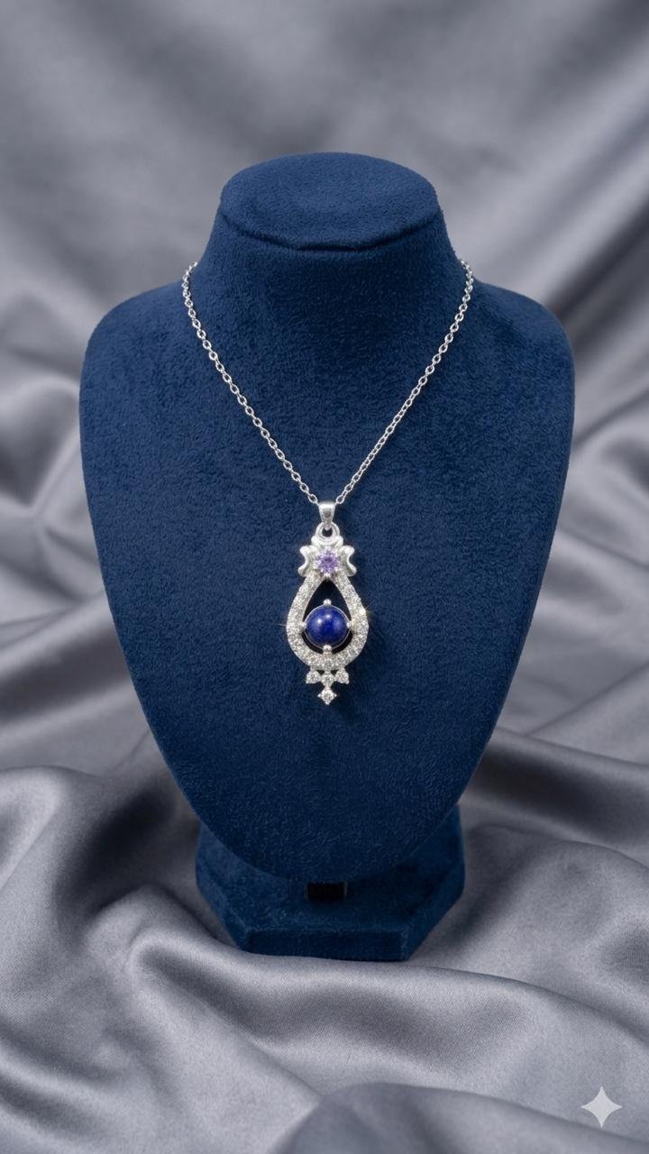 Collar De Plata Ley 980 Con Esfera De Lapislázuli Afgano Y Circones Premium