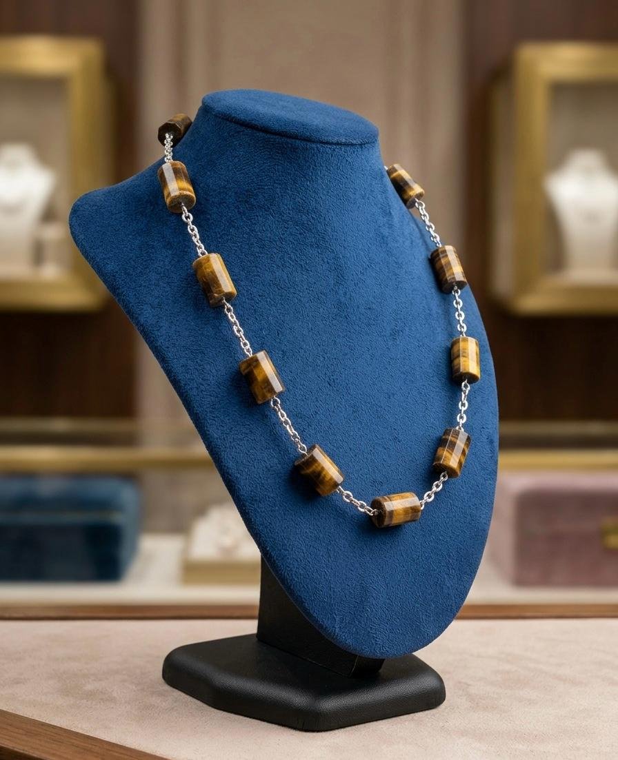 Collar De Ojo De Tigre Y Plata Ley 950