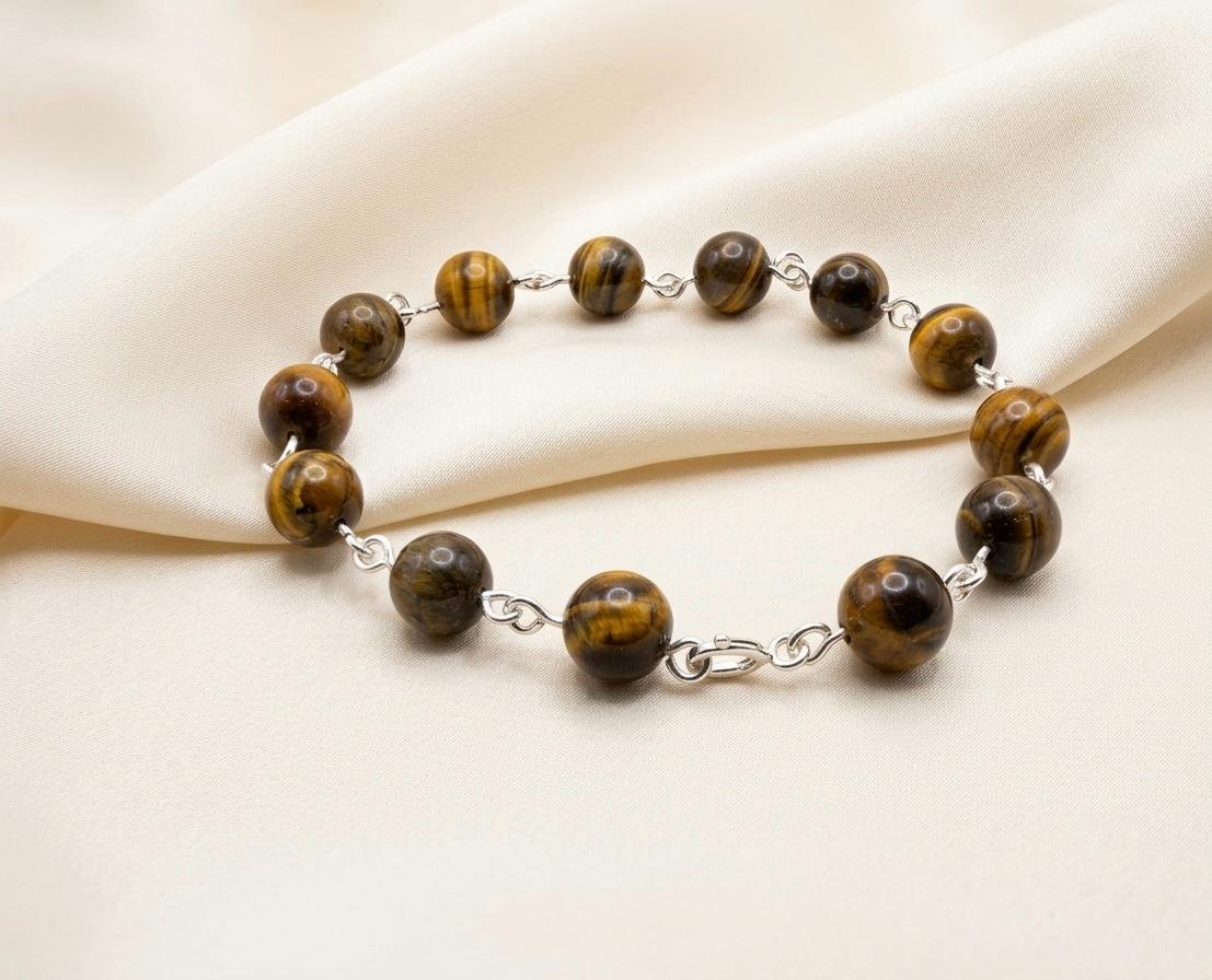 Pulsera Esferas De Ojo De Tigre Natural En Plata Ley 950
