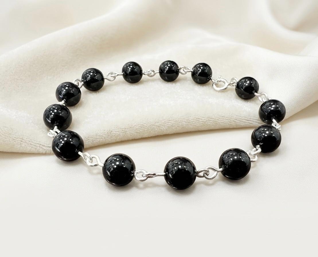 Pulsera Con Esferas De Obsidiana Negra Y Plata Ley 950