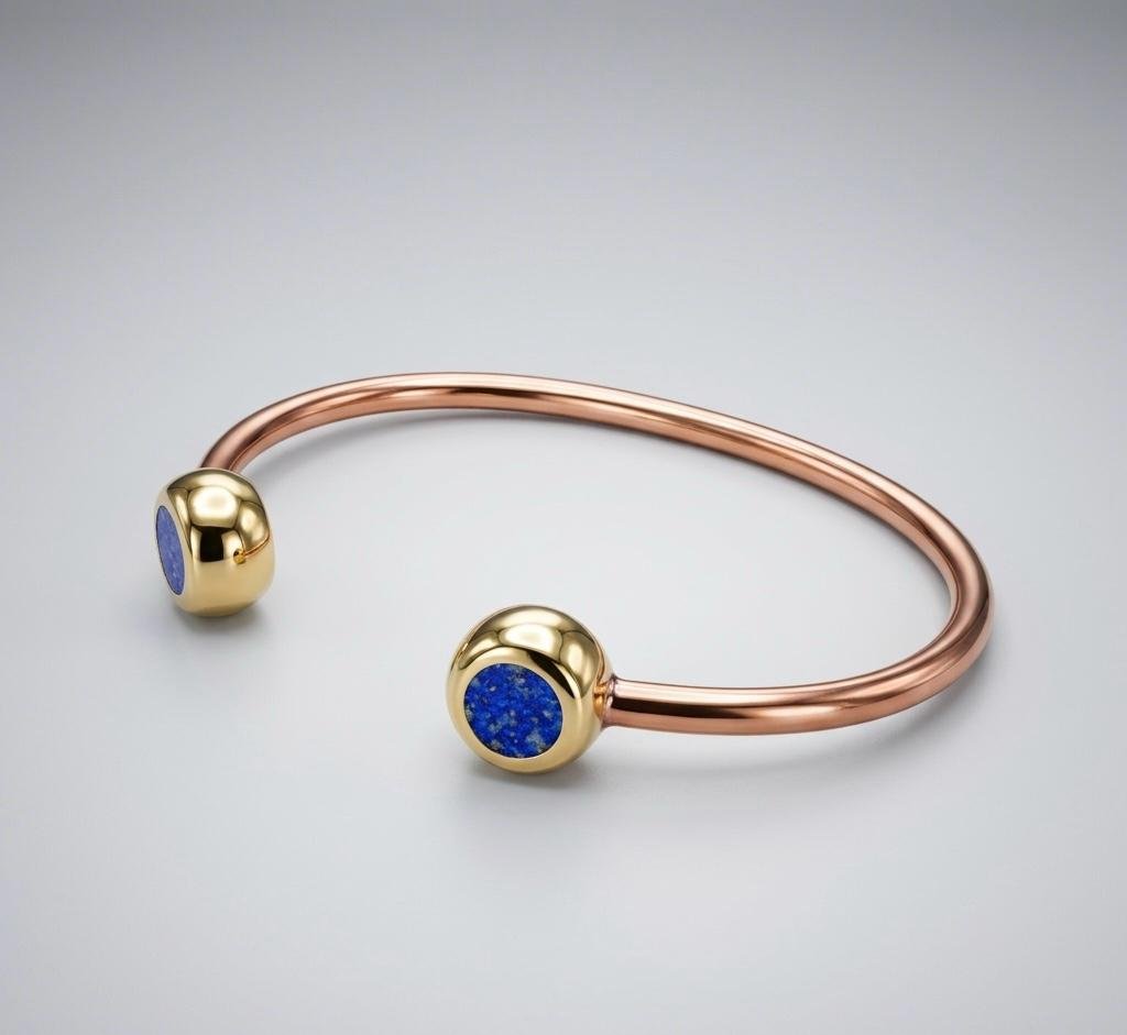 Brazalete Cobre Macizo Terminales De Bronce Y Lapislázuli